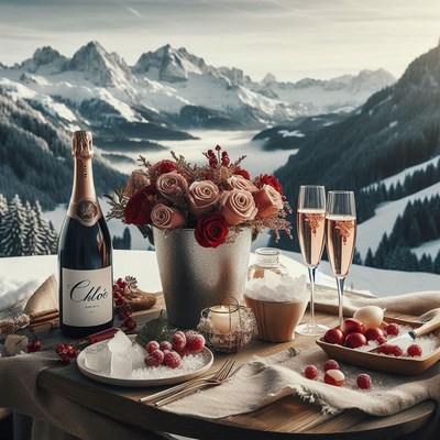 Winter mountain picnic with champagne and roses