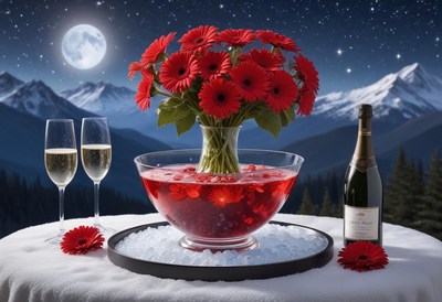 A romantic evening with champagne and flowers under the moon