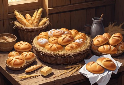 Freshly baked bread sits on a wooden table