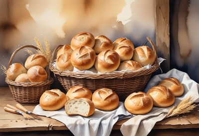 Fresh bread sits in baskets on a table