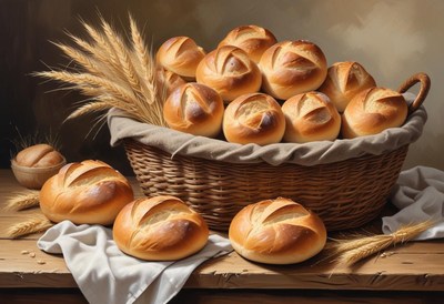 Freshly baked bread sits in a basket on a wooden table