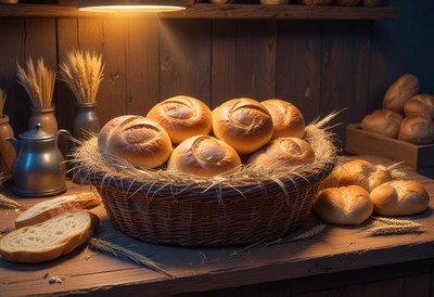 Freshly baked bread sits in a basket on a wooden table