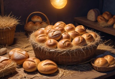 Freshly baked bread in a wicker basket