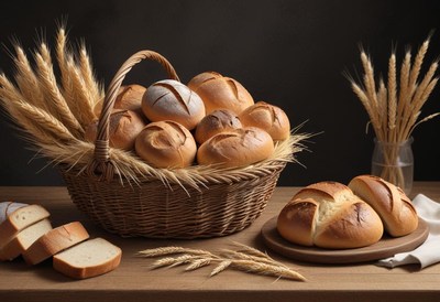 Fresh bread in a basket on a wooden table