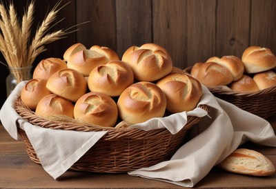 Freshly baked rolls in a basket on a wooden table