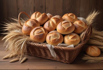 A basket of fresh bread sits on a wooden table
