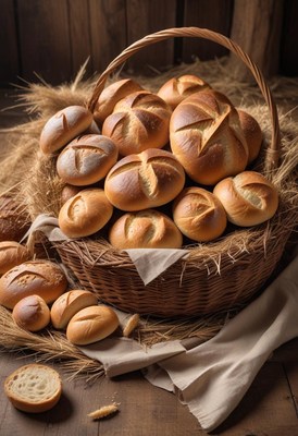 A wicker basket full of freshly baked rolls
