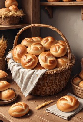 A basket of fresh rolls sits on a wooden table