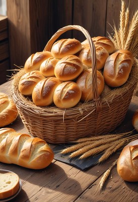 Fresh bread basket on a sunlit wooden table