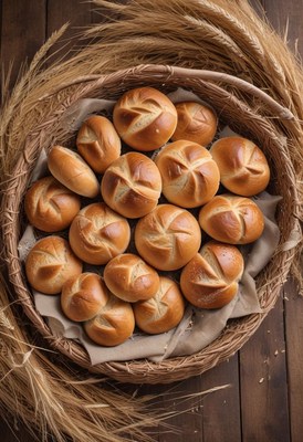 A basket of fresh rolls sits on a wooden table