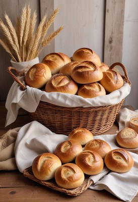 Freshly baked rolls in a wicker basket