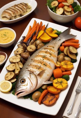 A grilled fish dish with roasted vegetables