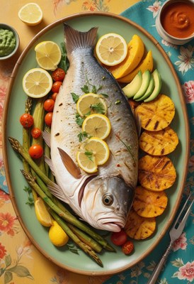 A grilled fish dinner with lemon, asparagus, and tomatoes