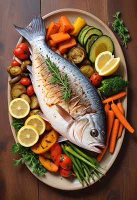 A whole grilled fish with roasted vegetables