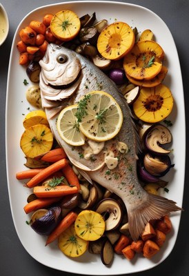 A roasted fish with lemon slices and vegetables