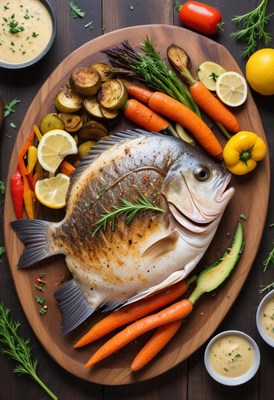 Grilled fish with carrots and lemon on wood platter