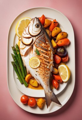 A grilled fish with lemon and vegetables on a white plate