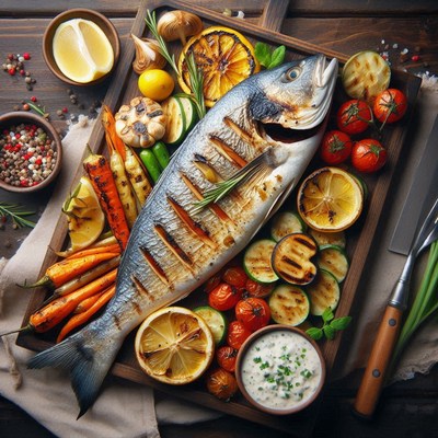 Grilled fish with vegetables on a wooden tray