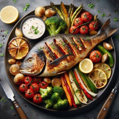Grilled fish with vegetables on a plate