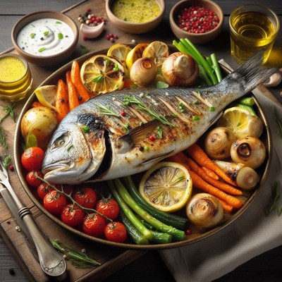 A grilled fish dish with vegetables and lemon