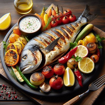 Grilled fish with vegetables on a plate