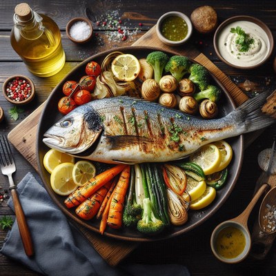 Grilled fish served with vegetables and lemon wedges