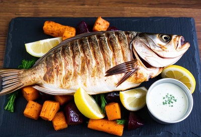 A whole roasted fish served with sweet potatoes and beets