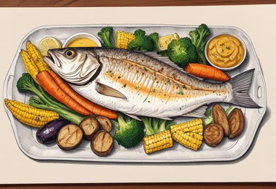 A grilled fish dinner with vegetables on a platter