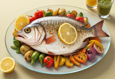 A roasted fish with lemon and vegetables on a plate