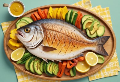 A grilled fish with lemon and avocado slices
