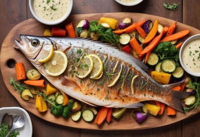 A roasted fish with lemon and vegetables on a wooden platter
