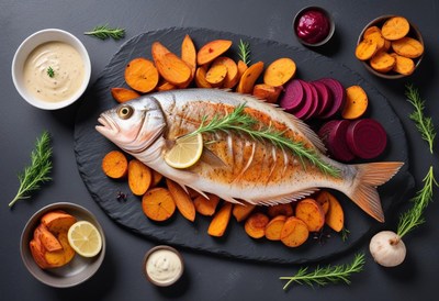 Roasted fish with sweet potatoes and beets