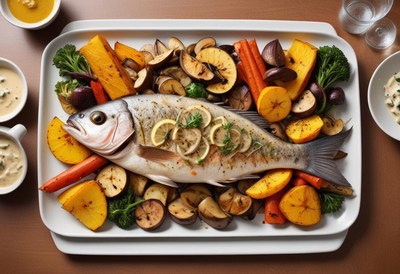 Roasted fish with lemon and veggies on platter