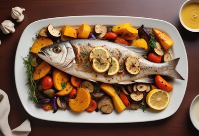 Roasted fish with lemon and veggies on white plate