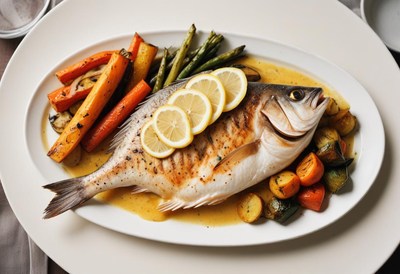 Grilled fish with lemon and veggies on white plate