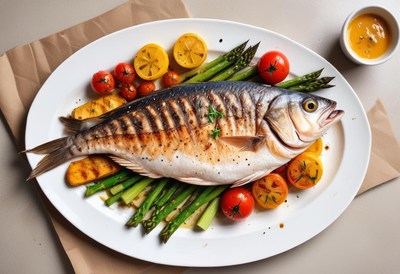 A grilled fish served with asparagus, tomatoes, and lemon