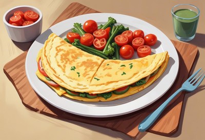 Healthy omelet with tomatoes and greens.
