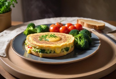 A delicious breakfast sandwich with broccoli and tomatoes