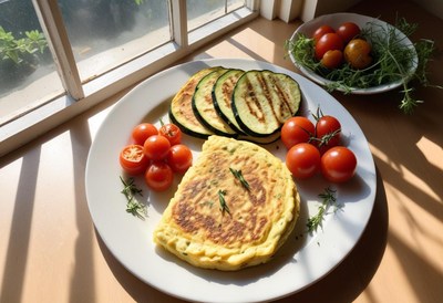 Sunny breakfast: grilled zucchini, tomatoes, omelet