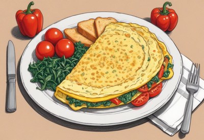 Breakfast: omelet, spinach, tomatoes, and toast