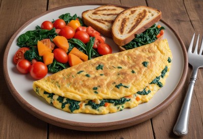 A plate of food with an omelet, a side salad, and toast