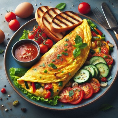 A vegetable-filled omelet with toast and tomatoes