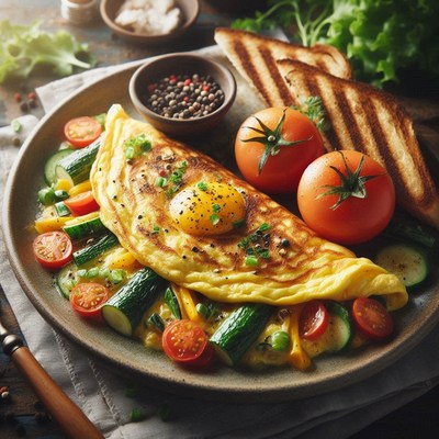 A delicious omelet with vegetables and toast