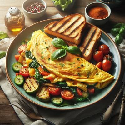 Hearty omelet with veggies and toast for breakfast