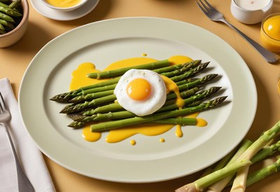A plate of asparagus, topped with an egg and a yellow sauce