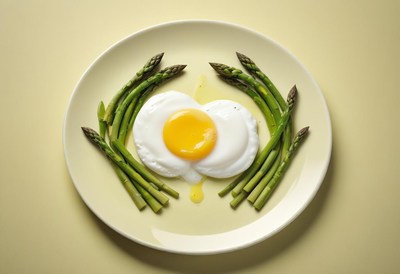 A fried egg and asparagus on a plate
