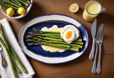 A plate of asparagus, hollandaise sauce, and a poached egg