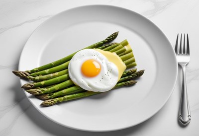 A plate of asparagus with a fried egg on top