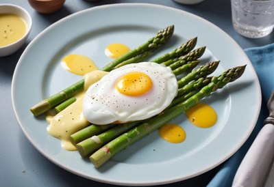 A plate of asparagus, a fried egg, and hollandaise sauce