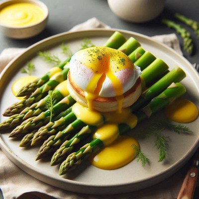 A poached egg sits atop asparagus with hollandaise sauce